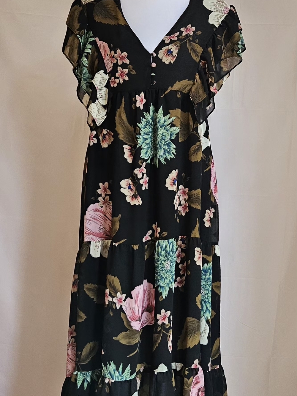 ZARA Black Tropical Floral Ruffle Tiered Maxi Dress Sz XS/S Boho Romantic - Picture 4 of 16